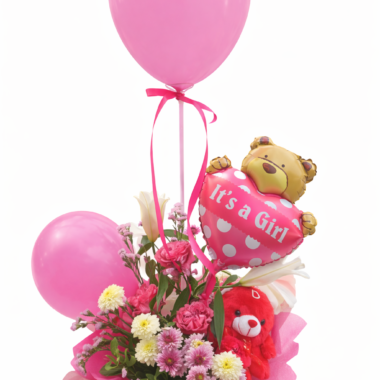 Σύνθεση Δώρου “It’s a Girl” με Λουλούδια & Μπαλόνια
