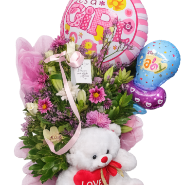 Σύνθεση Δώρου “It’s a Girl” με Λουλούδια, Μπαλόνια & Αρκουδάκι