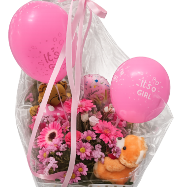 Σύνθεση Δώρου “It’s a Girl” με Gerbera, Μπαλόνια & Αρκουδάκι