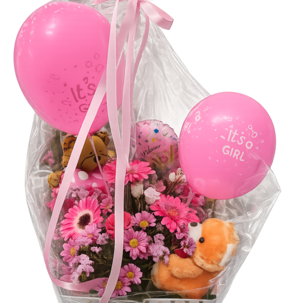 Σύνθεση Δώρου “It’s a Girl” με Gerbera, Μπαλόνια & Αρκουδάκι