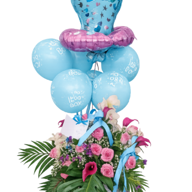 Luxury Σύνθεση “Baby Boy” με 7 Μπαλόνια & Καλάθι Λουλουδιών