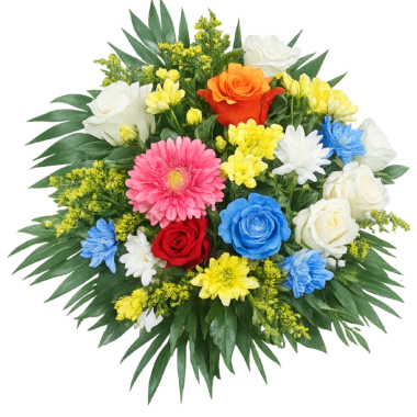 Πολύχρωμη Ανθοδέσμη με Gerbera & Μπλε Τριαντάφυλλο