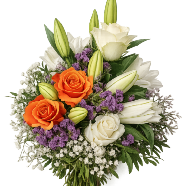 Μπουκέτο με Πορτοκαλί Τριαντάφυλλα και Λευκά Κρίνα