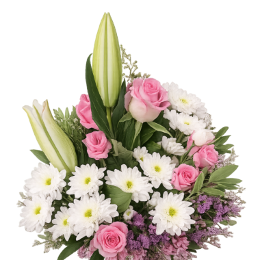 Μπουκέτο με Κρίνα, Ροζ Τριαντάφυλλα και Λευκά Χρυσάνθεμα