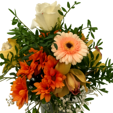 Φωτεινή Σύνθεση με Ζέρμπερα και Πορτοκαλί Χρυσάνθεμα