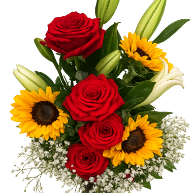 Μπουκέτο με Κόκκινα Τριαντάφυλλα, Ηλίανθους και Κρίνα