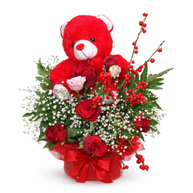 Ρομαντική Ανθοσύνθεση με Αρκουδάκι και Κόκκινα Τριαντάφυλλα