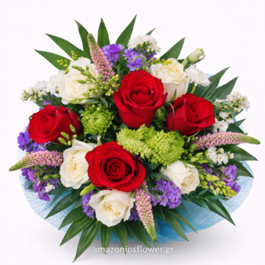 Πολύχρωμη Ανθοδέσμη με Κόκκινα & Λευκά Τριαντάφυλλα