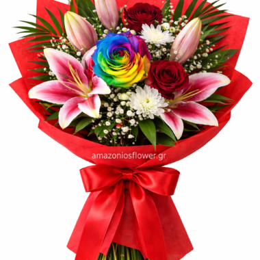 Πολύχρωμη Ανθοδέσμη με Κρίνα & Rainbow Τριαντάφυλλο (Copy)