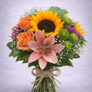 Καλοκαιρινή Ανθοδέσμη με Ηλίανθο και Κρίνο