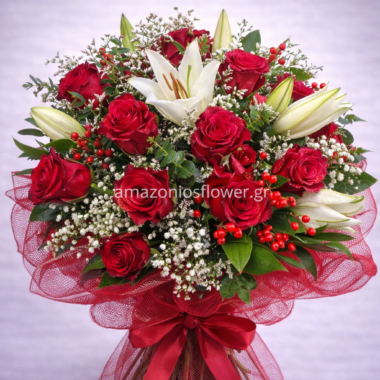 Πολυτελής Ανθοδέσμη με Κόκκινα Τριαντάφυλλα και Κρίνα