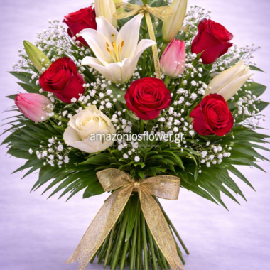 Πολυτελής Ανθοδέσμη με Κρίνα και Κόκκινα Τριαντάφυλλα