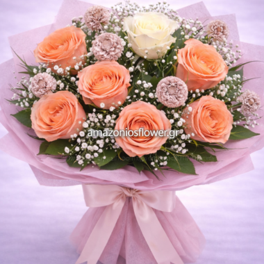 Ρομαντική Ανθοδέσμη με Ροδακινί Τριαντάφυλλα