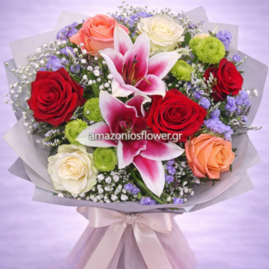 Πολύχρωμη Ανθοδέσμη με Κρίνο και Τριαντάφυλλα