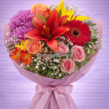 Πολύχρωμη Ανθοδέσμη με Κρίνα και Ζέρμπερα