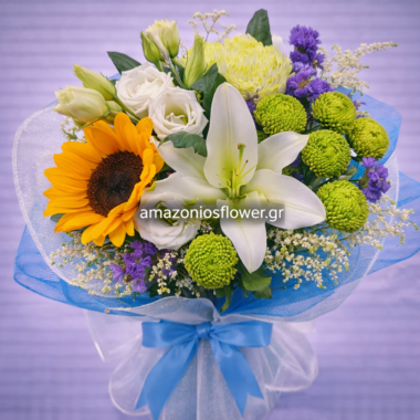 Καλοκαιρινή Ανθοδέσμη με Ηλίανθο και Κρίνο
