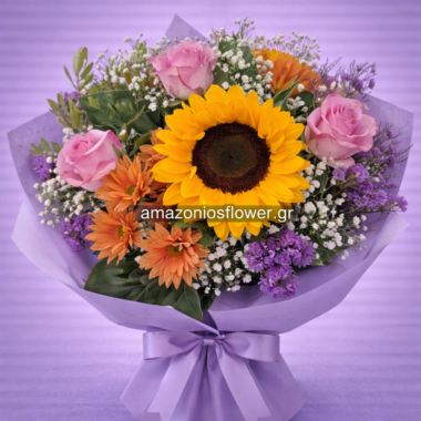 Καλοκαιρινή Ανθοδέσμη με Ηλίανθο και Ροζ Τριαντάφυλλα