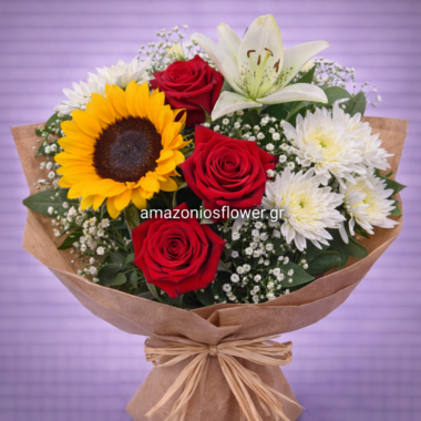 Καλοκαιρινή Ανθοδέσμη με Ηλίανθους και Τριαντάφυλλα