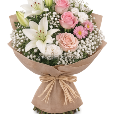 Ρομαντική Ανθοδέσμη Παστέλ με Κρίνα και Τριαντάφυλλα