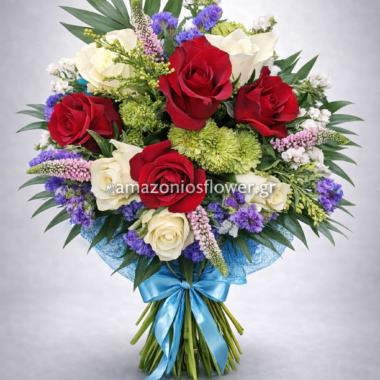 Πολύχρωμη Ανθοδέσμη με Κόκκινα Τριαντάφυλλα