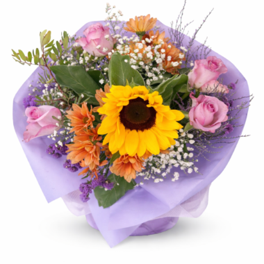 Μπουκέτο με Ηλίανθο, Ροζ Τριαντάφυλλα και Πολύχρωμα Λουλούδια