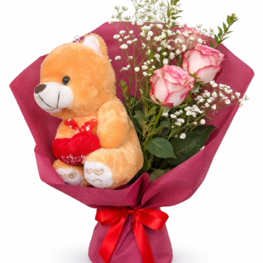 Ρομανικό Μπουκέτο με Ροζ Τριαντάφυλλα και Λούτρινο Αρκουδάκι