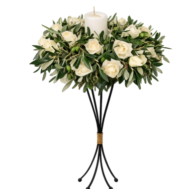 Λευκό Στεφάνι Ελιάς με Τριαντάφυλλα & Κερί