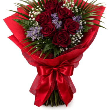 Κομψή Ανθοδέσμη με Μπορντό Τριαντάφυλλα & Μωβ Λιμόνιουμ