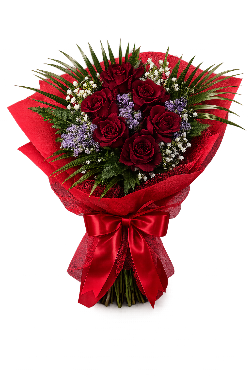 Κομψή Ανθοδέσμη με Μπορντό Τριαντάφυλλα & Μωβ Λιμόνιουμ