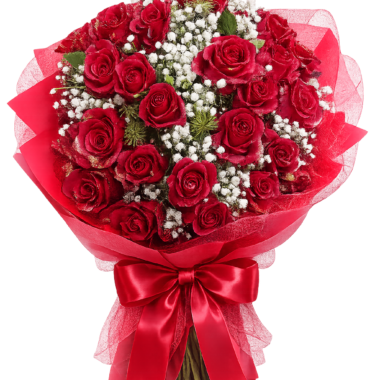 Πολυτελής Ανθοδέσμη με Κόκκινα Τριαντάφυλλα & Baby’s Breath