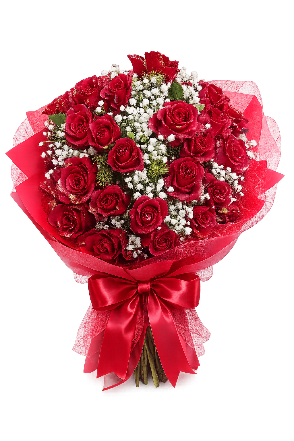 Πολυτελής Ανθοδέσμη με Κόκκινα Τριαντάφυλλα & Baby’s Breath