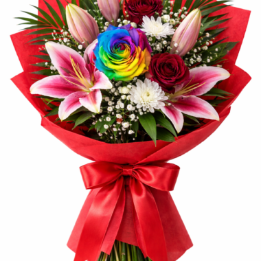 Πολύχρωμη Ανθοδέσμη με Κρίνα & Rainbow Τριαντάφυλλο