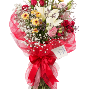 Πολύχρωμη Ανθοδέσμη με Κρίνο & Τριαντάφυλλα