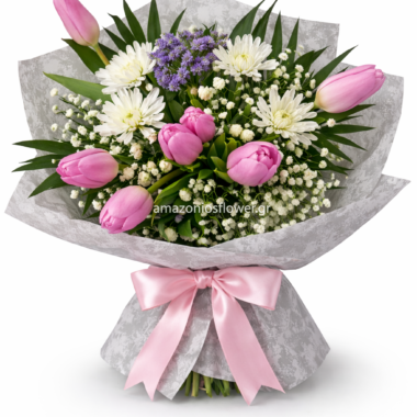 Ρομαντική Ανθοδέσμη με Ροζ Τουλίπες & Λευκά Χρυσάνθεμα